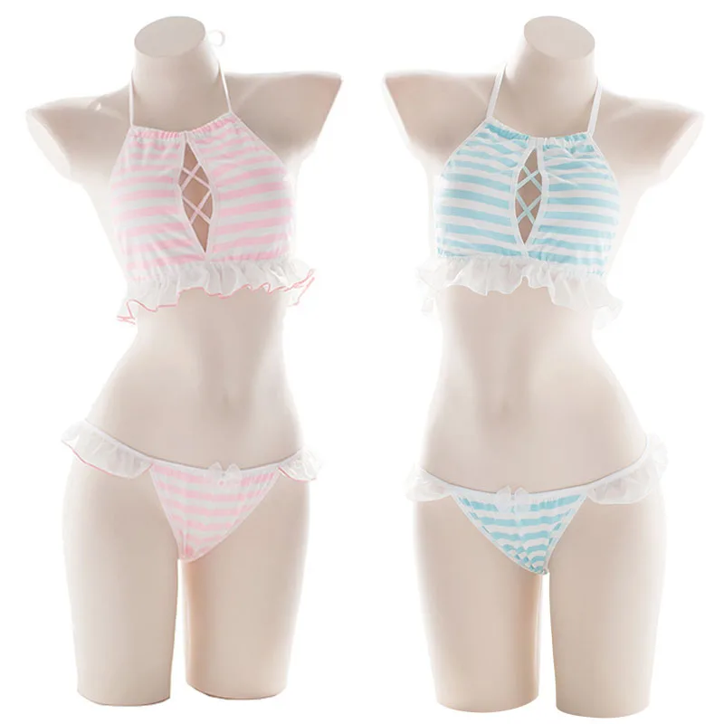 Симпатичные и сексуальные аниме стильные синие белые розовые полосатые трусики