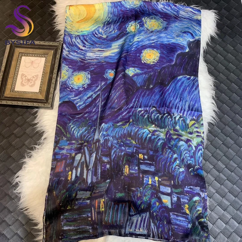 [BYSIFA] Blue 100% Silk Scarf Shawl Fashion Luxury Women Long Scarves Van Gogh Moon Star Oil Paiting Scarves Autumn Winter Scarf