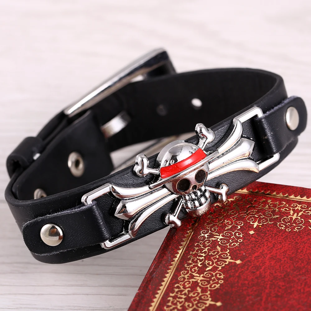 J-J Anime One Piece Metal Bracelets bangles Leather bracelet Punk wrist band Jewelry Cuff Casual Women Men jewelry Pulsera | Украшения и