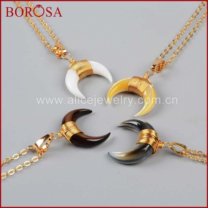 

BOROSA Wire Wrap Crescent Multi-Kind Shell Pendant Necklace, Gold Color Necklace for Women WX021-N