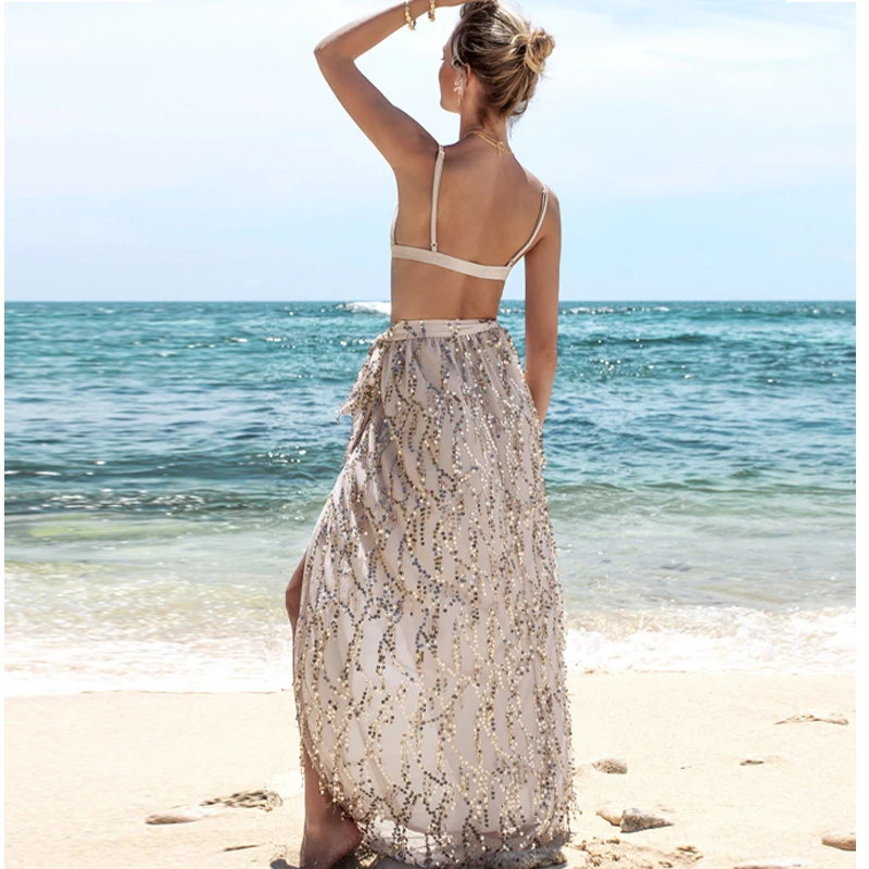 Летняя женская богемная юбка с блестками Марля бахромой разрезная макси бантом