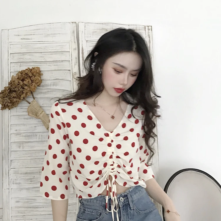 Милые blusas модные брендовые женские летние блузы в горошек рубашки уличном стиле
