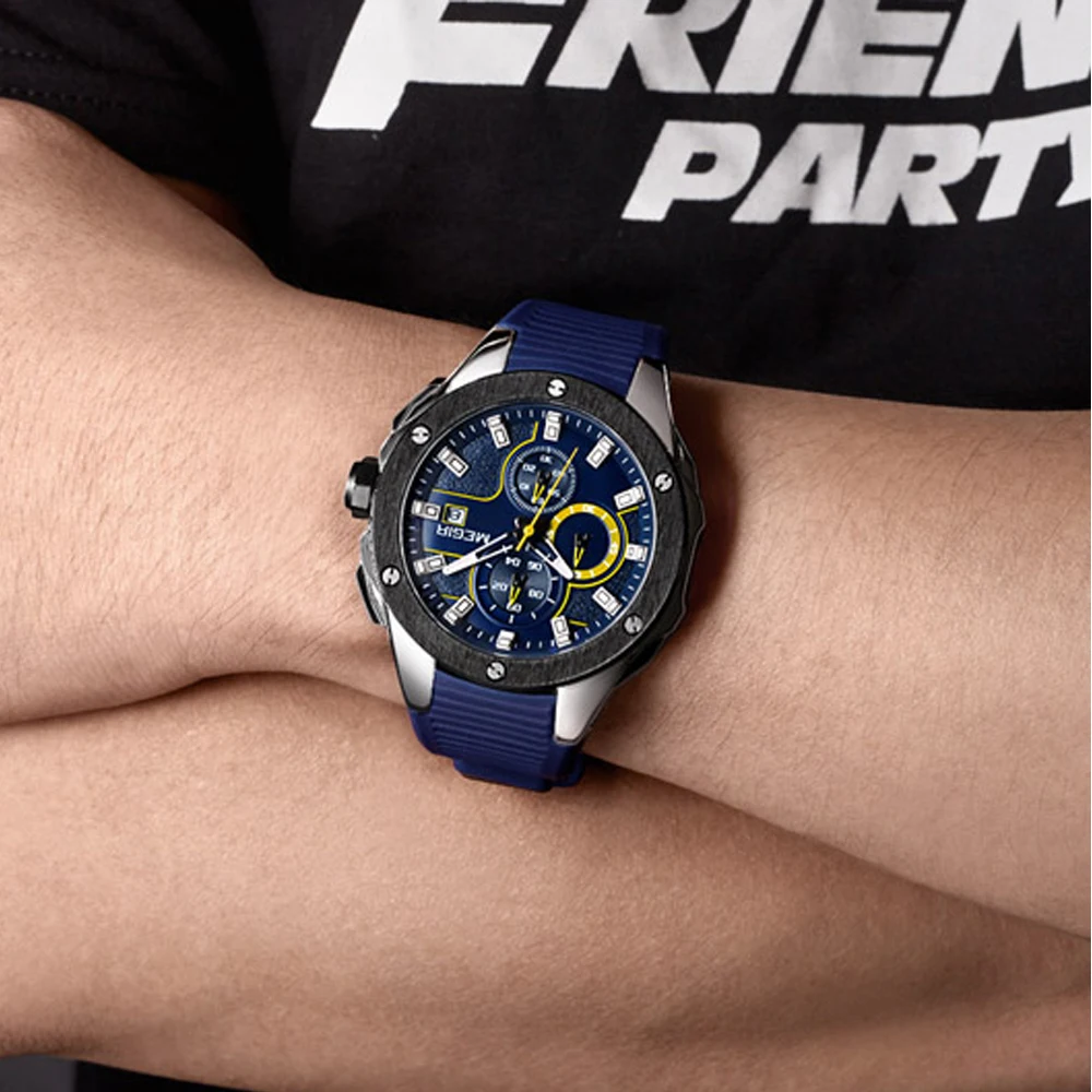 Megir Для мужчин спортивные часы хронограф силиконовый ремешок кварца армия