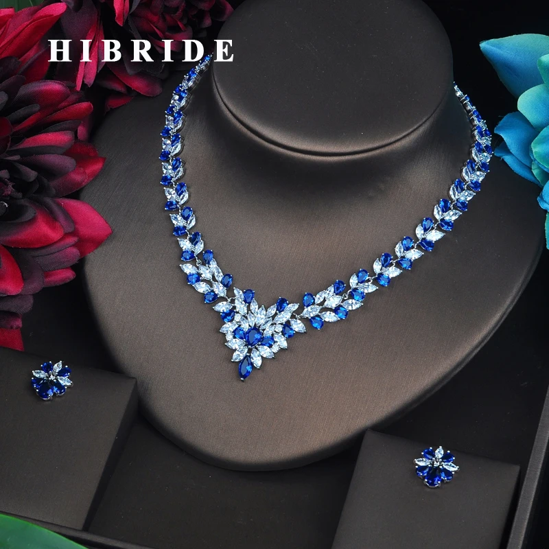 

HIBRIDE Sparkling Marquise Cut Blue CZ Dubai Jewelry Sets For Women Necklace Set Wedding Dress Accessories Party Show Gift N-478