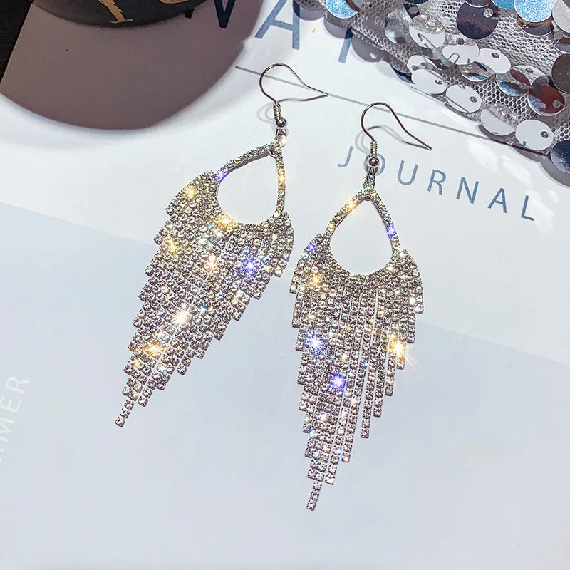 FYUAN, длинные геометрические висячие серьги с кисточками для женщин,, Bijoux, блестящие свисающие серьги со стразами, массивные ювелирные изделия