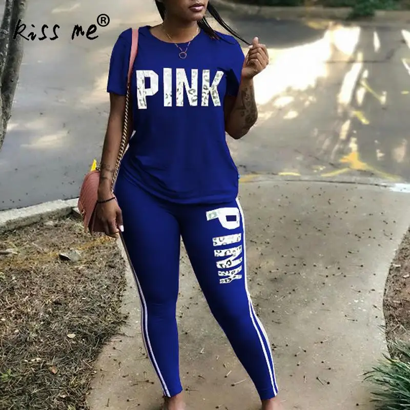 royal blue Комплект спортивной одежды из двух предметов, розовый женский спортивный костюм с принтом размера плюс, топы, повседневные узкие брюки, комплект S-3XL, спортивная одежда, одежда для тренировок - Цвет: royal blue