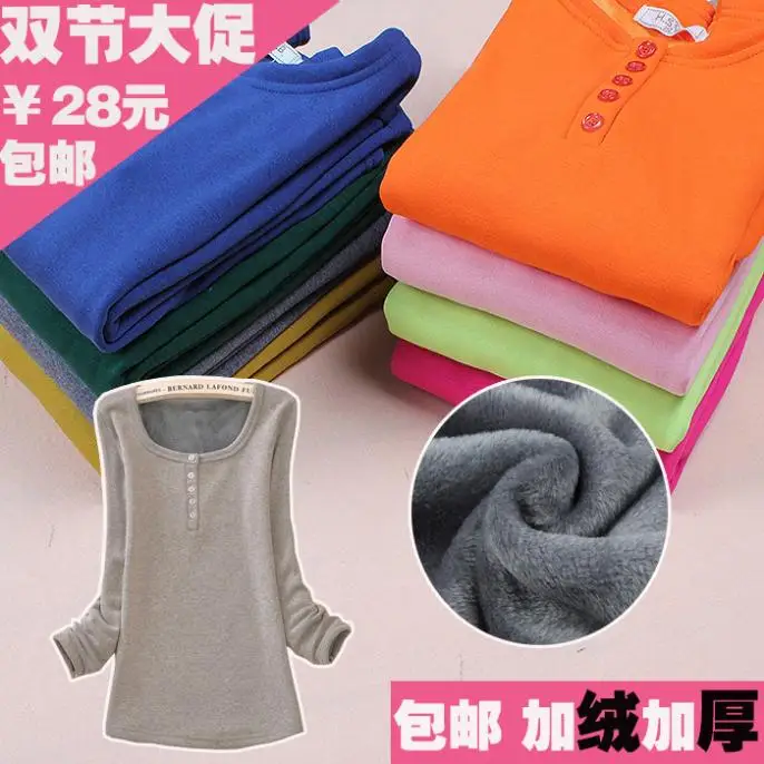 2014 Spring Winter New Neck Korean Version Plus Velvet Thicken Bottoming Shirt5 Long Sleeve Short T Shirt | Женская одежда