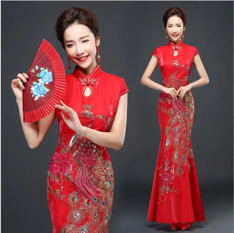 

Fishtail Cheongsam Long Dress Walking Show Costume Chinese Style Wedding Red Modified Slim Body Bride Wedding Elegance Clothing