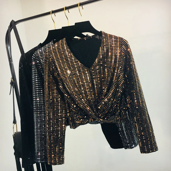 Блестящие яркие футболки Blingbling с длинным рукавом для женщин новинка весна осень
