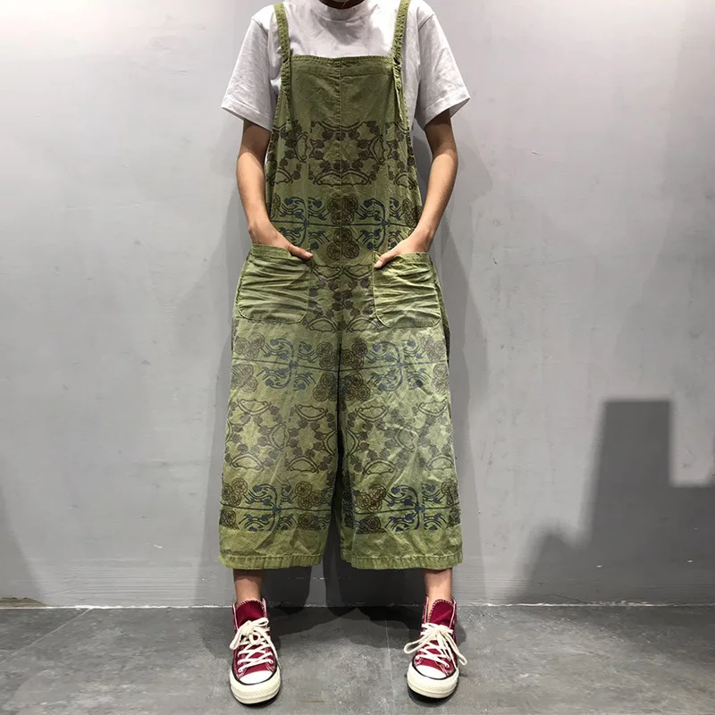 

Ethnic Wind Printed Washed Bib Pants Women Old Grinding White Wide Legs Jumpsuits Ankle Length Trousers Nt-01