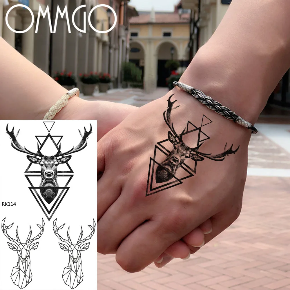 

OMMGO Geometric Elk Deer Temporary Tattoos For Women Men Sticker Fake Tattoo Black Triangle Custom Tatoos Body Art Minimalist