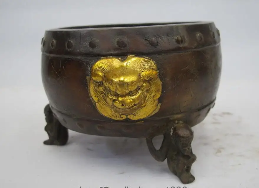 China Folk old Bronze Gilt Fu Foo Dog Lion three Monkey Incense Burner Censer | Дом и сад