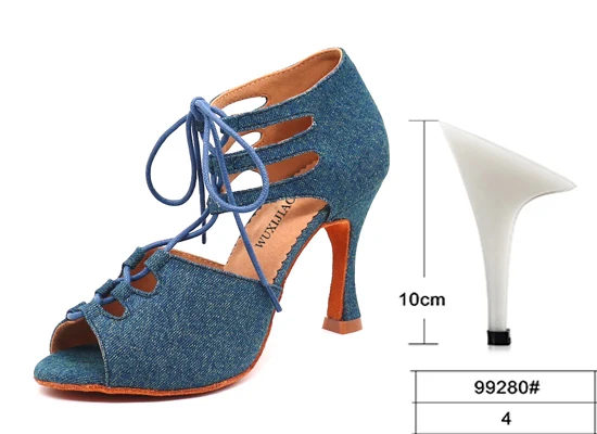 heel 10cm WUXIJIAO/Новинка; Танцевальная обувь для девочек; Джинсовая ткань; обувь на шнуровке; обувь для латинских танцев; женские туфли для самбы; вечерние туфли для бальных танцев на мягкой подошве; 5-10 см - Цвет: heel 10cm