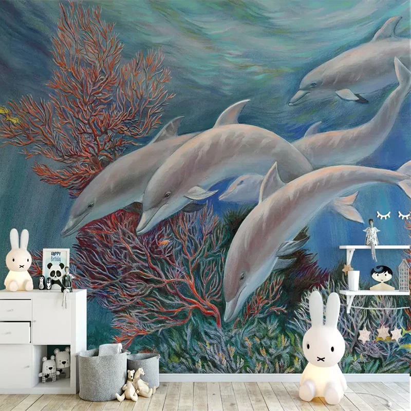 Пользовательские 3D шелковые обои детские фотообои рулон морской мультфильм