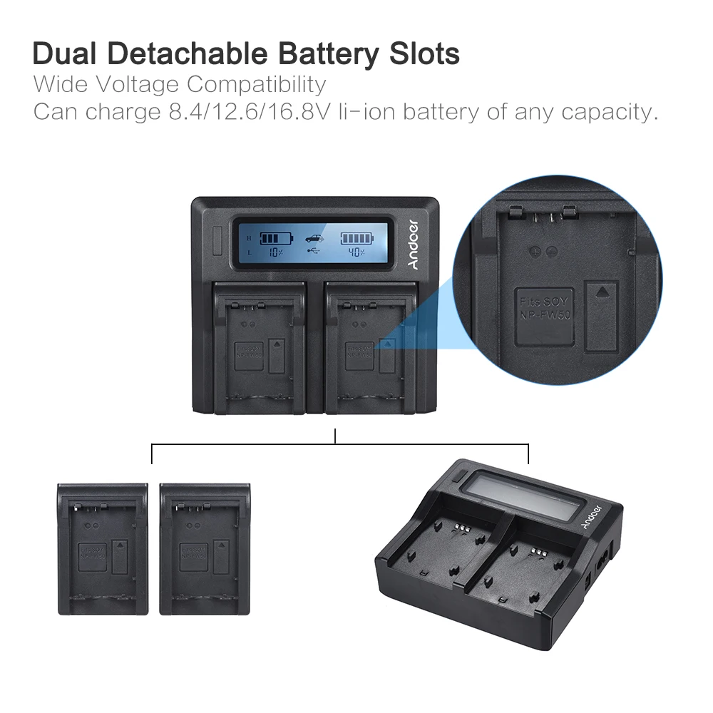 Зарядное устройство Andoer NP FW50 NPFW50 Двухканальное зарядное с ЖК дисплеем для