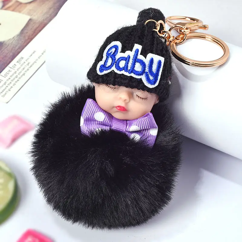 HYBZH Hot Sell Cute Sleeping Baby Doll Key Chain Faux Rabbit Fur Keychain Fluffy Pom Keyring Bag Car Trinket Women Gift | Украшения и