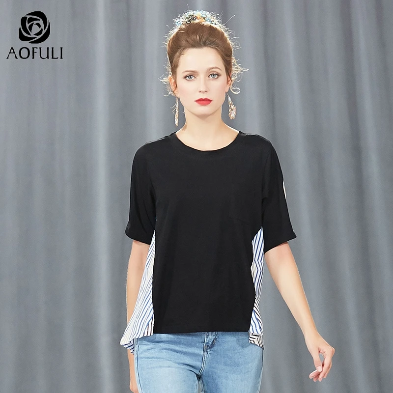 Женская блузка AOFULI летняя ассиметричная с коротким рукавом и принтом в полоску
