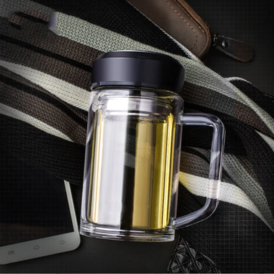 Питьевая прочная двухслойная стеклянная чашка с ручкой прозрачная чайная крышка