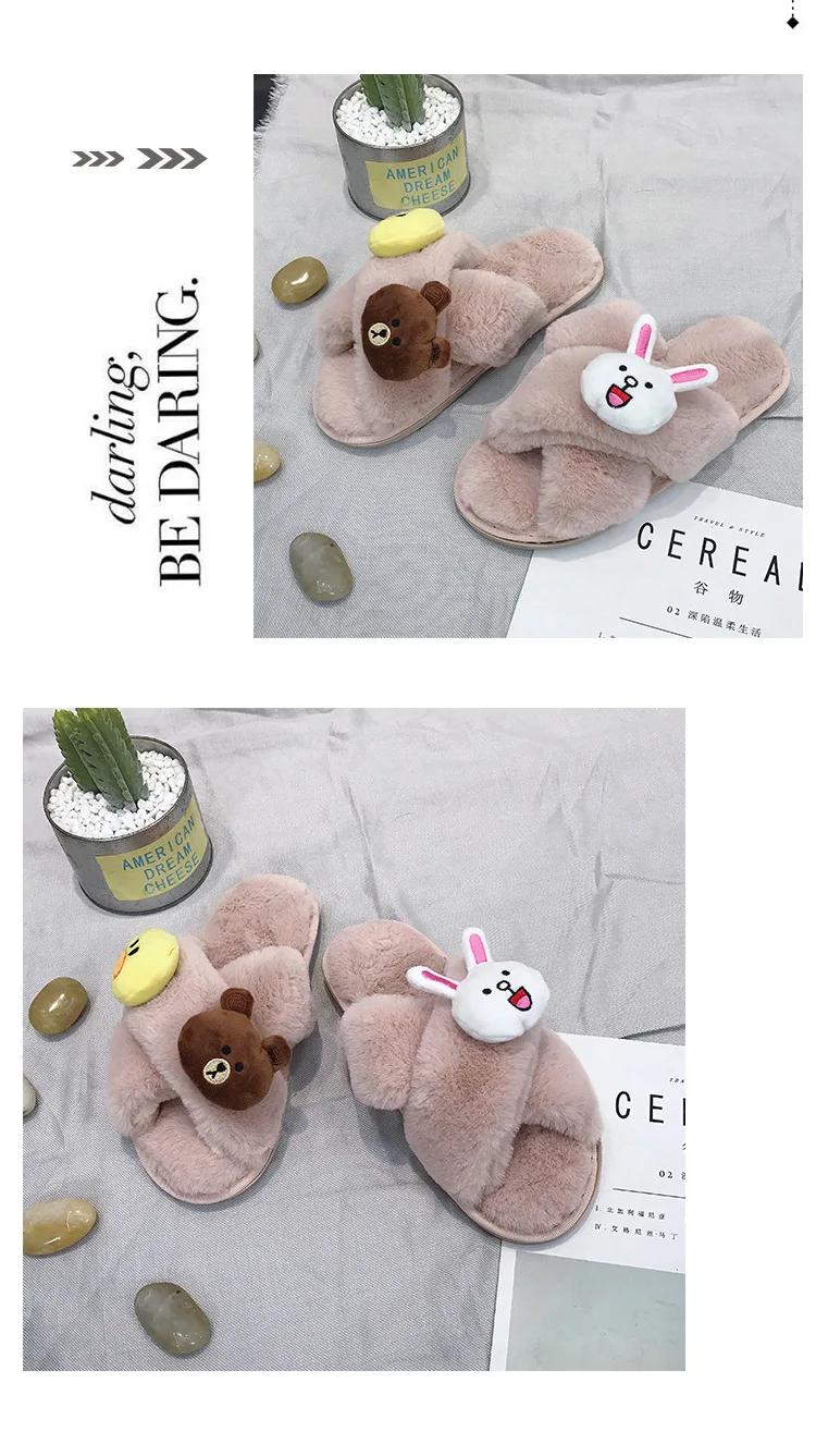 CuddlyIIPanda/Брендовые женские Вьетнамки; сезон осень-зима; теплые домашние тапочки с героями мультфильмов; милые плюшевые теплые тапочки с уткой, Кроликом, медведем