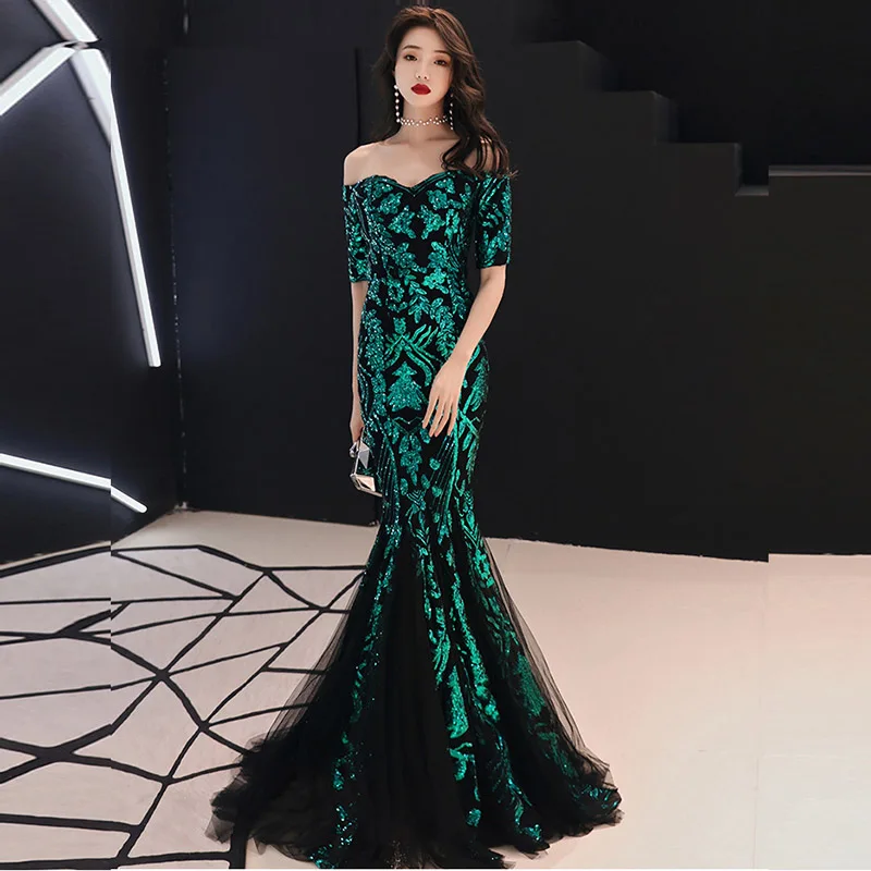 

Green Leaf Sequins Half Sleeve Off The Shoulder Luxury Sexy Nightclub Party Dress Elegant Special Occasion Dresses For Women