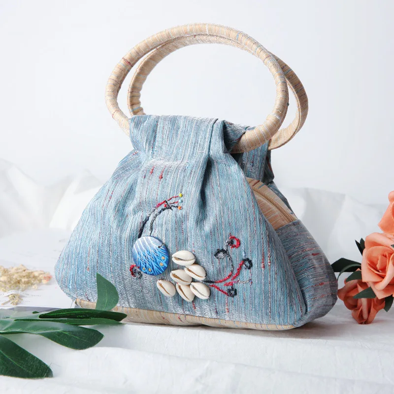 

Handmade Embroidery Peacock Women Canvas Tote Decorative Shells Ladies Handbag Fashion retro Summer refreshing elegant bag