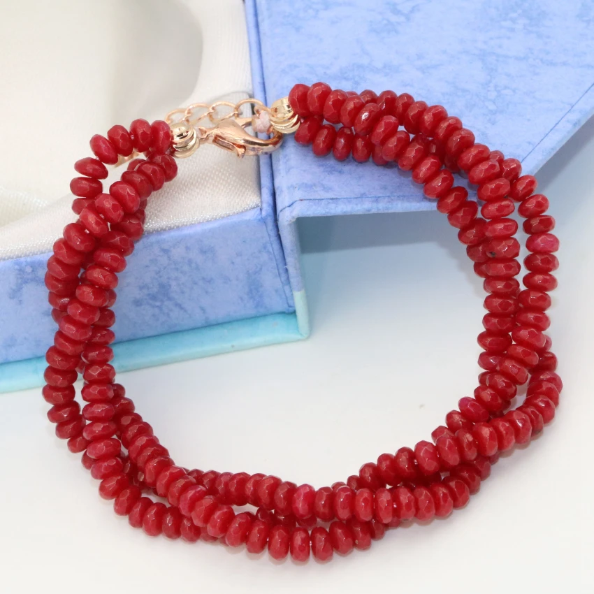 Wholesale price 3 rows rose gold-color clasp red jades chalcedony abacus faceted 2*4mm multilayer bracelet jewelry 7.5inch B2783 | Украшения