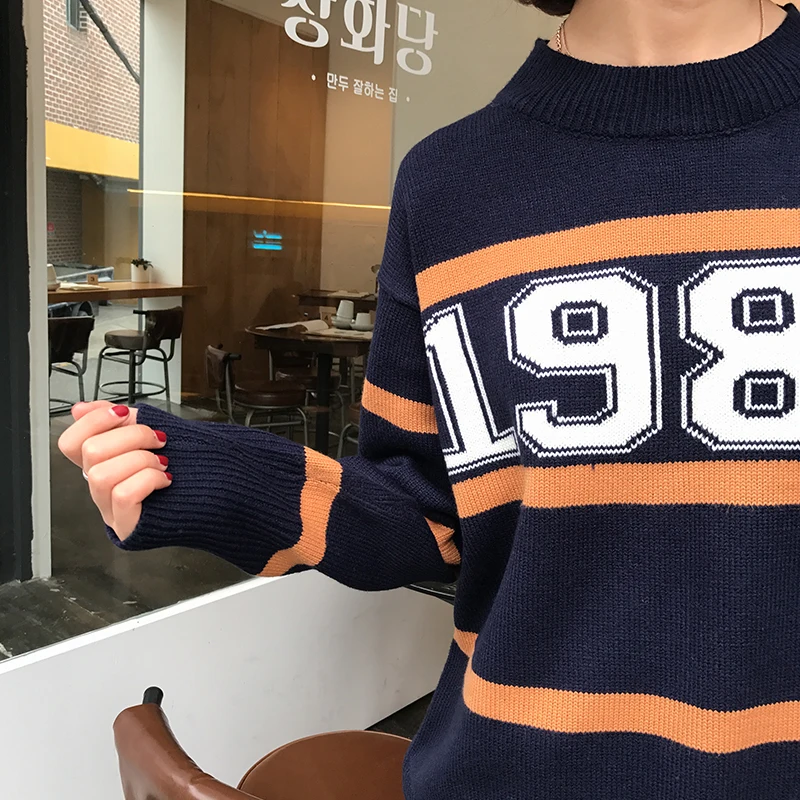 South Korea ulzzang loose bf wind digital striped pullovers female chic render knitwear student qiu dong | Женская одежда