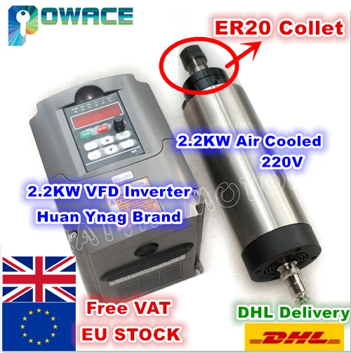 

[EU Stock/Free VAT] 2.2KW Air Cooled ER20 Spindle Motor 220VDC 24000rpm 4 bearing&2.2KW 220V Inverter VFD 2HP for CNC Router