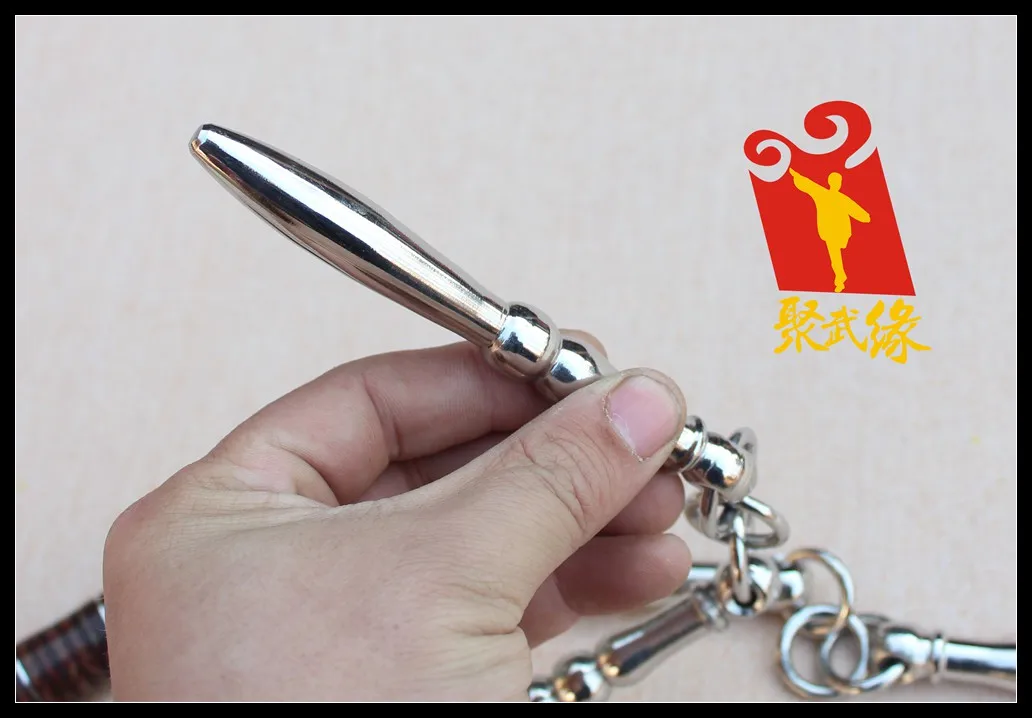 Stainless steel three-section whip self-defense real bodhi wood handle leather to send spike |