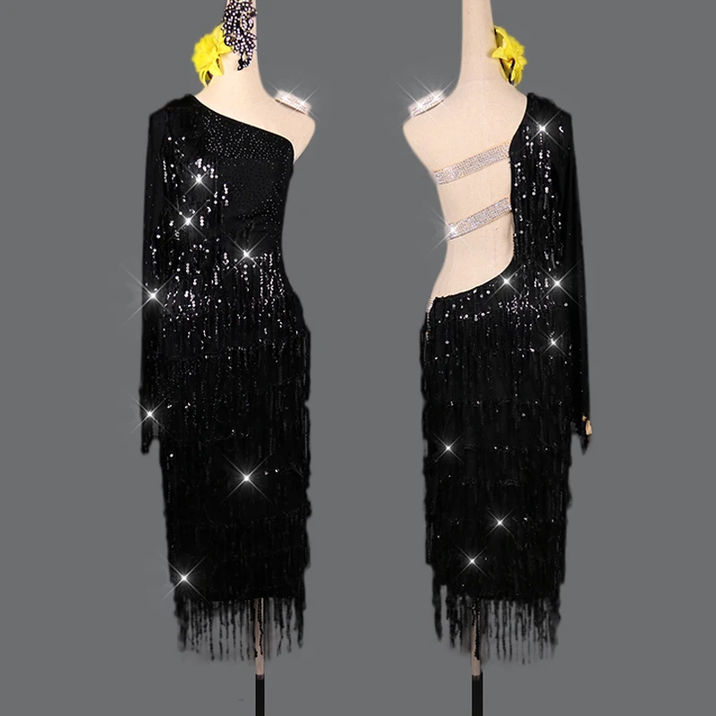 

Professional Latin Competition Dress Black Dance Dress With Sequin FringeTango Dress /Rumba/Cowboy/Samba Sexy Dance Dress VDB410