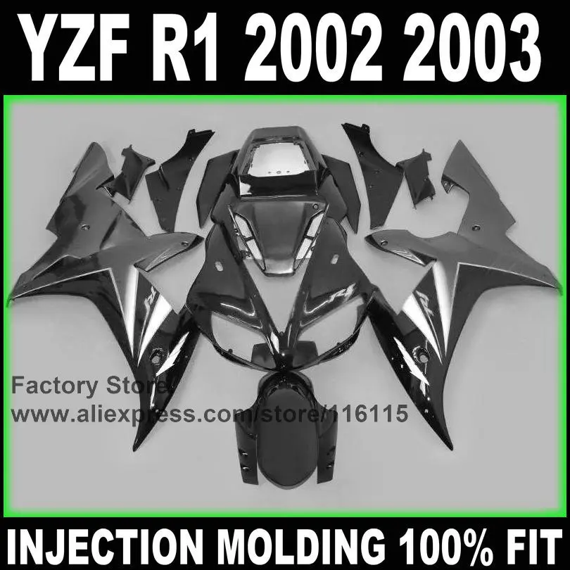 100% полный набор обтекателей впрыски для YAMAHA 2002 YZF R1 2003 02 03 черный пистолет серый