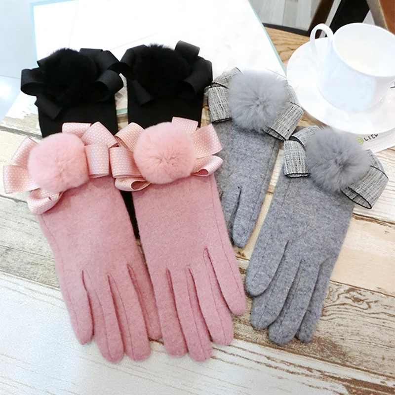 New Arrival Touch Screen Glove Cashmere Girl Sweet Cute Bowknot Warm Knitted Women Spring Winter Gloves Thick Mittens | Аксессуары для