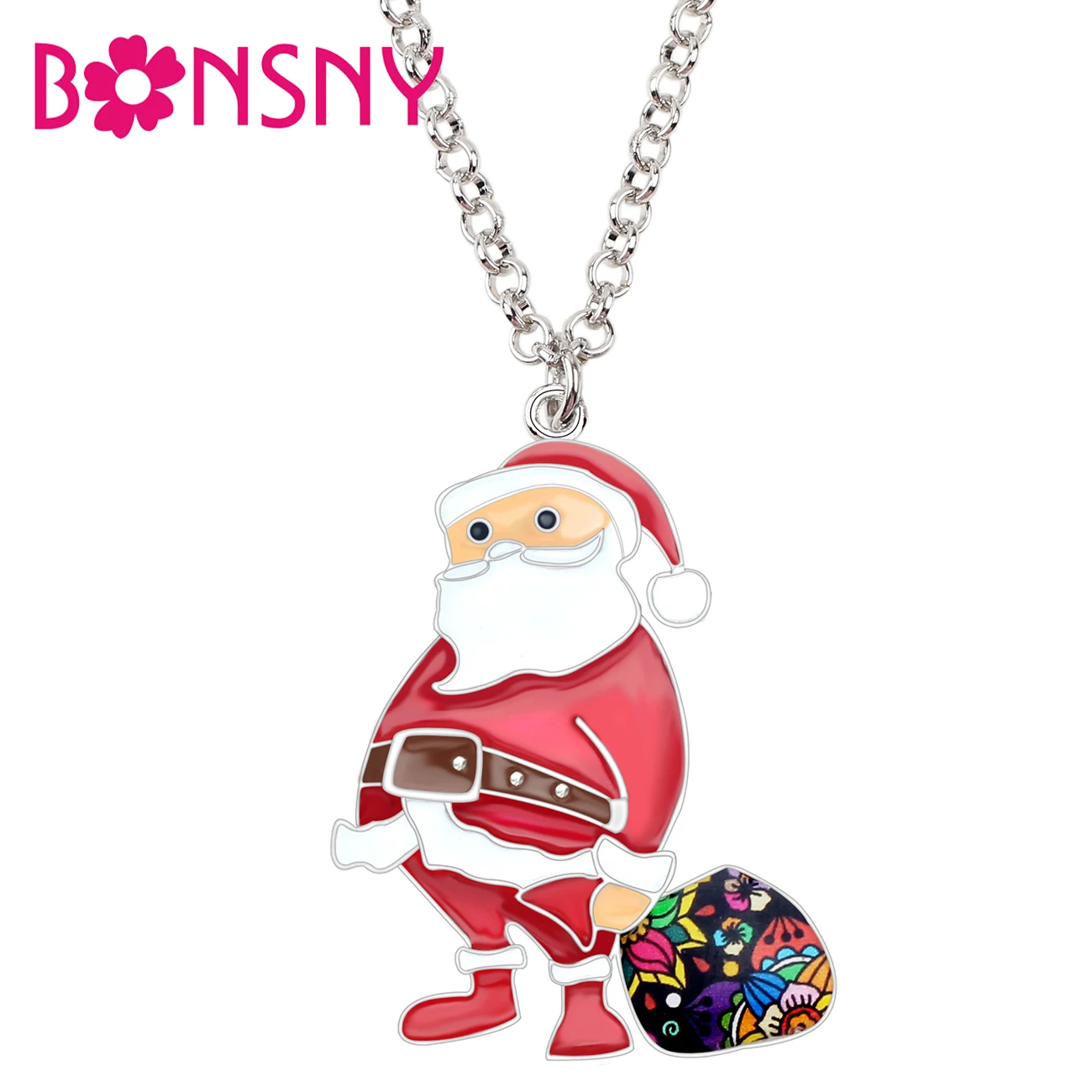 

Bonsny Statement Enamel Alloy Christmas Santa Claus Gifts Bag Necklace Pendant Chains Choker Novelty Jewelry For Women Girls Hot
