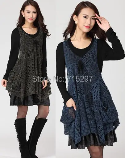 2014 new design women fashion big size two pcs set dress mesh cotton plus long sleeve loose slimming comfortable elegant | Женская