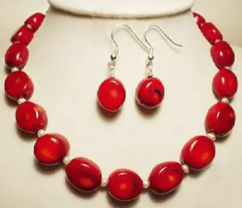New fashion white pearl natural red coral necklace earrings irregular semi-precious stone jewelry 18inch BV119 | Украшения и