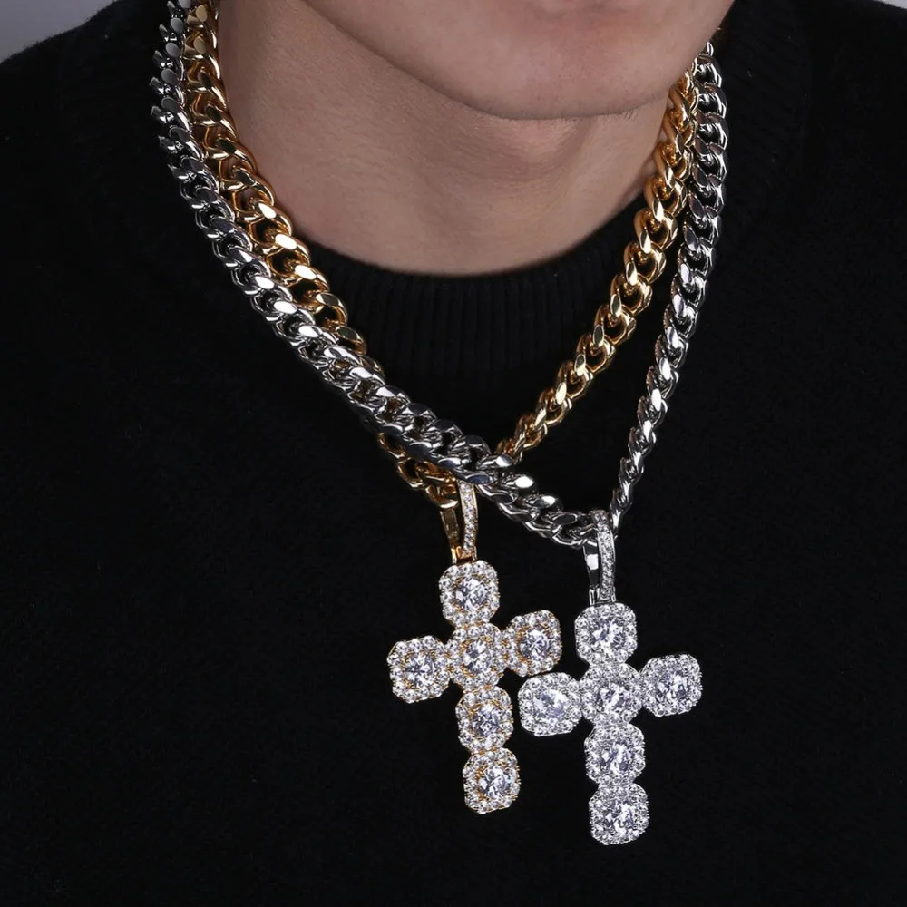 Изготовленный на заказ Iced Out большой твердый крест-подвеска с фианитами ожерелье с 12 мм кубинской цепочкой мужские хип хоп золотые цвет серебра талисман ювелирные изделия