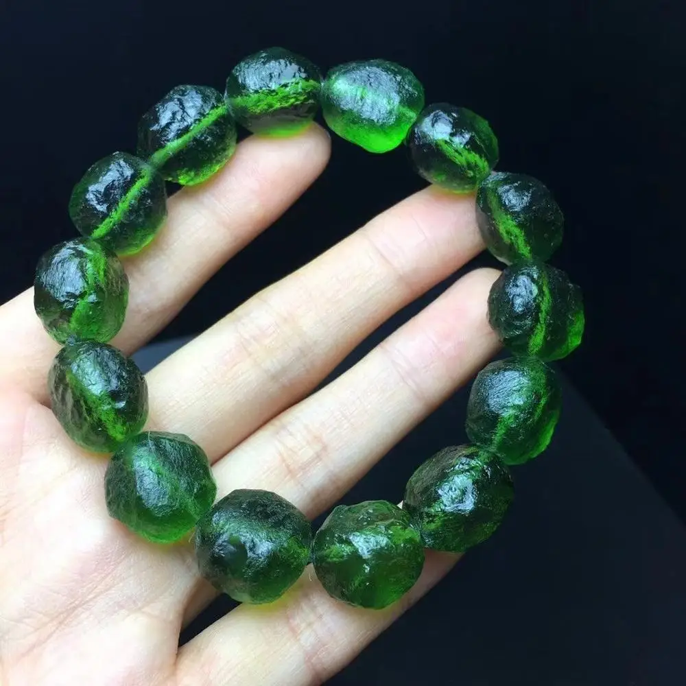15 мм зеленый драгоценный камень MOLDAVITE метеорит ударопрочный стеклянный браслет