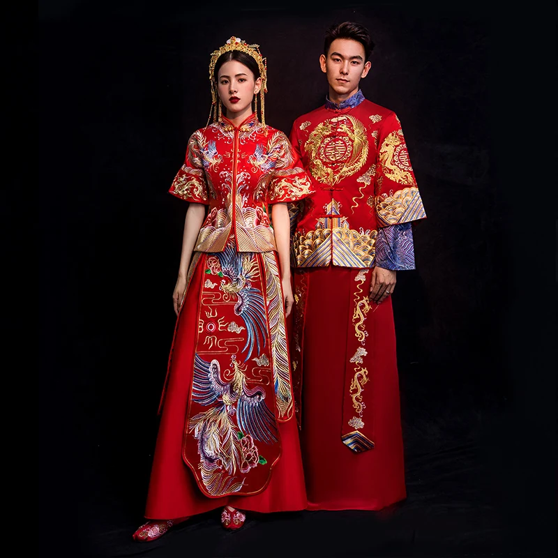 Элегантное платье в пол Cheongsam Красная Вышивка Феникс китайская невеста свадебное платье Vestidos традиционное цветочное Ципао