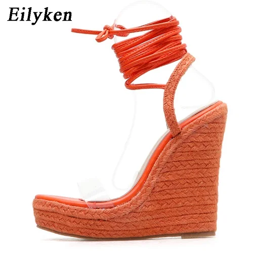 Orange Eilyken/сандалии из ПВХ для отдыха; женские прозрачные сандалии; Туфли на танкетке со шнуровкой на высоком тонком каблуке; однотонные босоножки с ремешком; цвет оранжевый, розовый; Размеры 35-42 - Цвет: Orange
