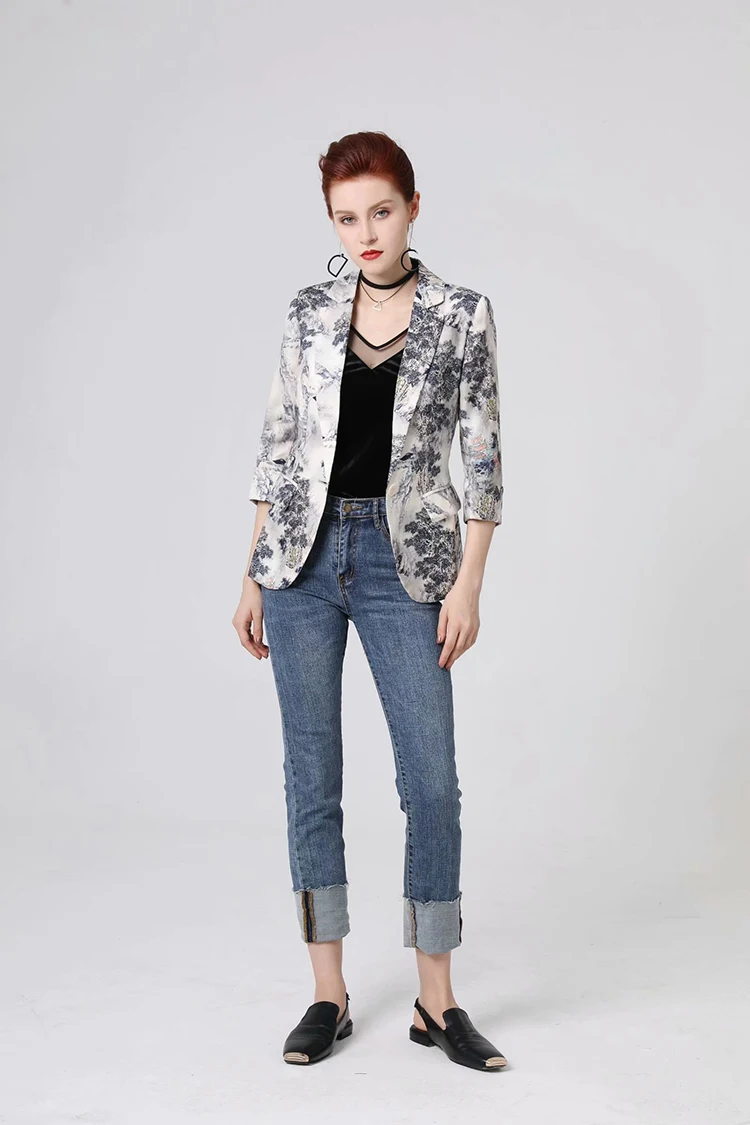 SEQINYY Short Jacket Summer Spring New Fashion Design 3/4 Sleeve Ink Forest Printed Thin Casual Women Linen Blazer