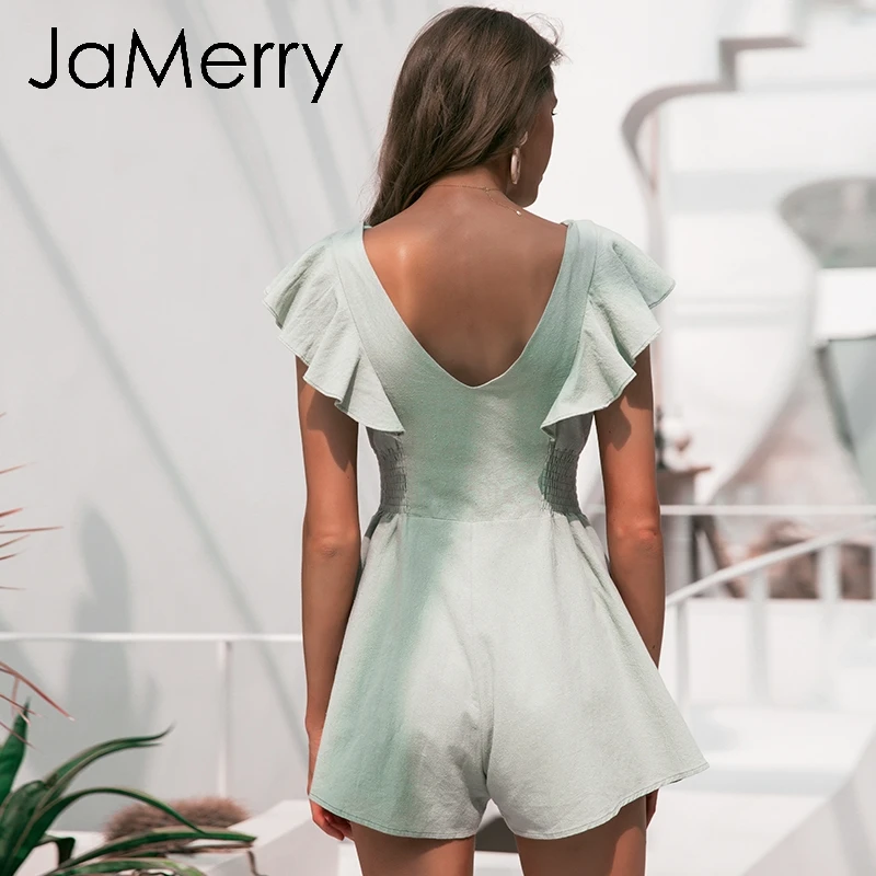 JaMerry винтажный элегантный льняной женский комбинезон с рюшами летний короткий на