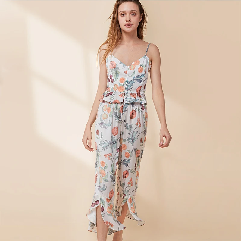Perfering Camisole+ Брюки Летний INS пижамный комплект слинг v-образным вырезом рога девять брюки Праздничная одежда домашний сервис костюм сексуальный без рукавов - Цвет: FLOWER