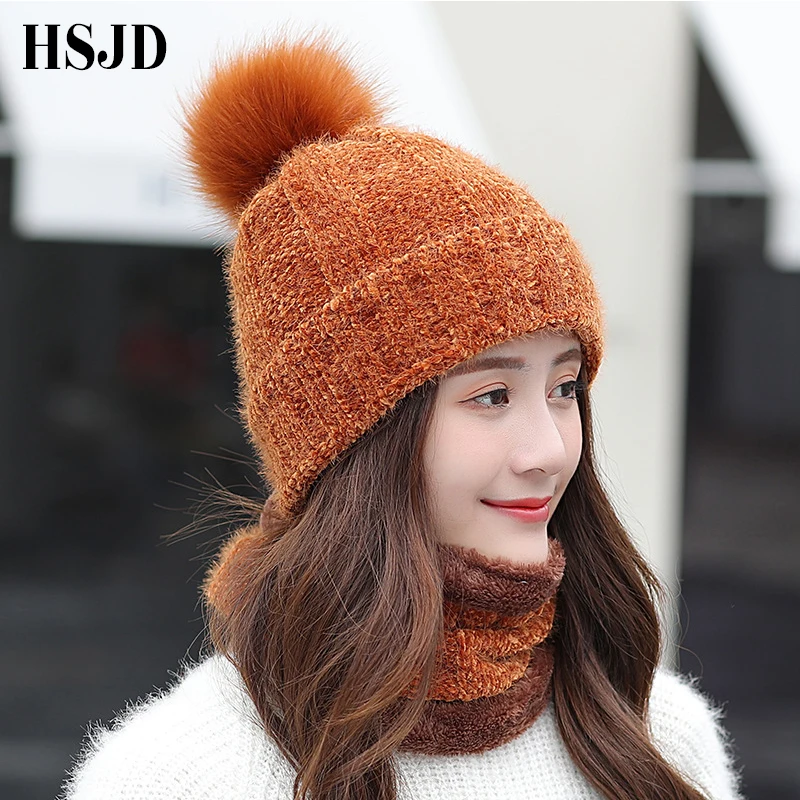 Лыжная женская шапка 2018 шенилловые вязаные шапки для женщин шарф теплые зимние