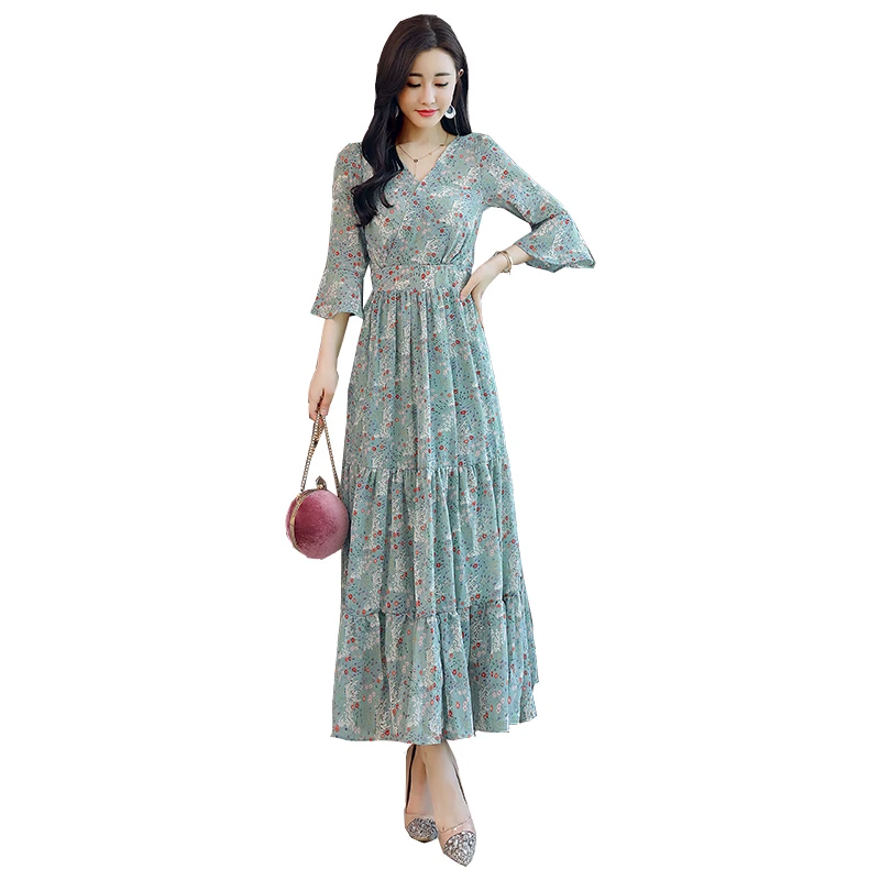 

New 2019 summer lady long dress elegant floral printed slim dress fashion petal sleeve female long chiffon dress v neck