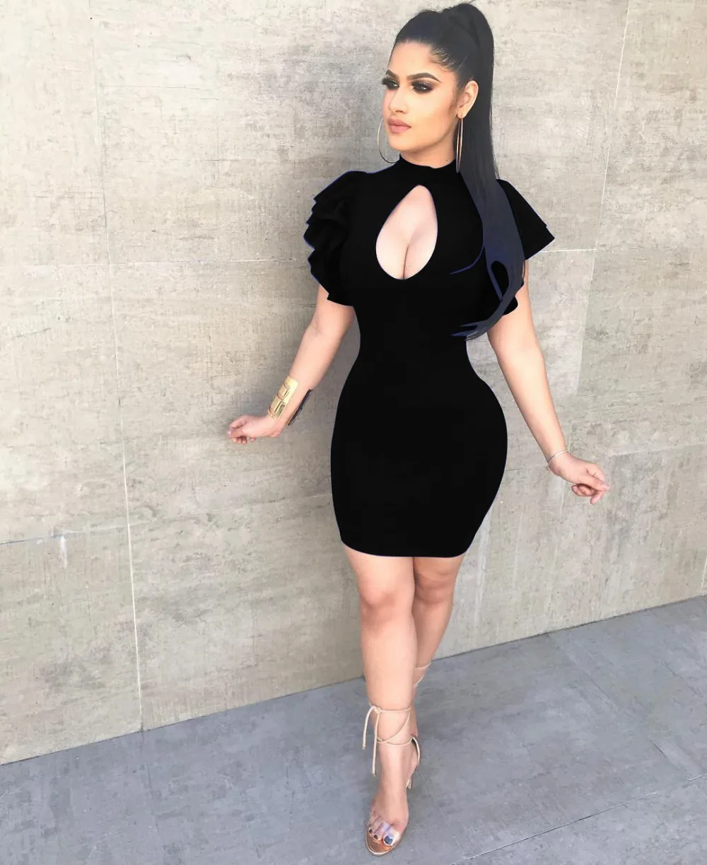 Almajores для женщин Bodycon платье Сексуальная выдалбливают оборками рукавом Мини