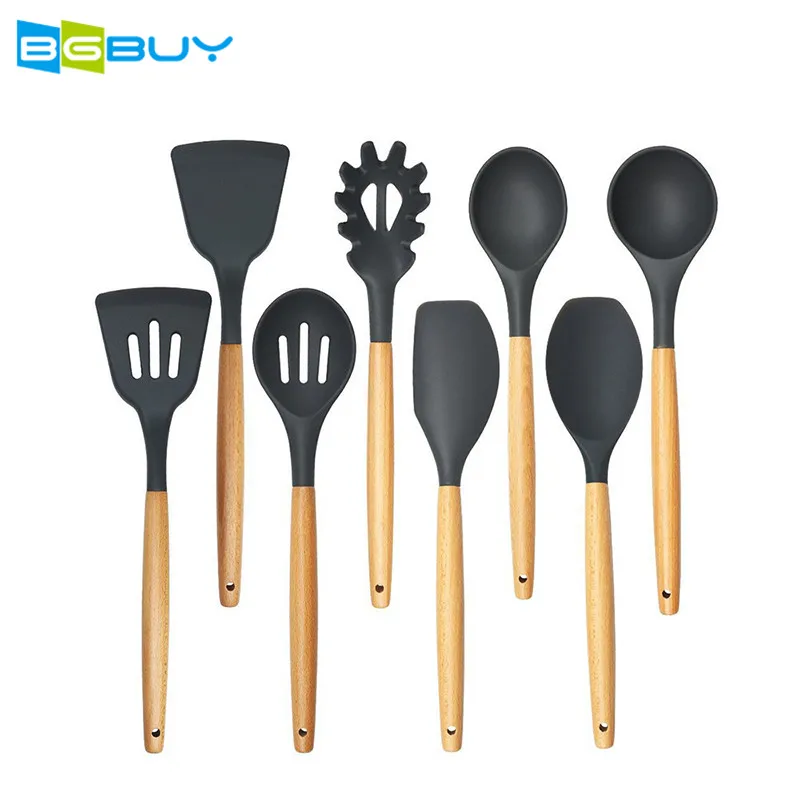 Silicone Cooking Utensils 9 Piece with Bamboo Wood Handles Nonstick Cookware Set | Дом и сад