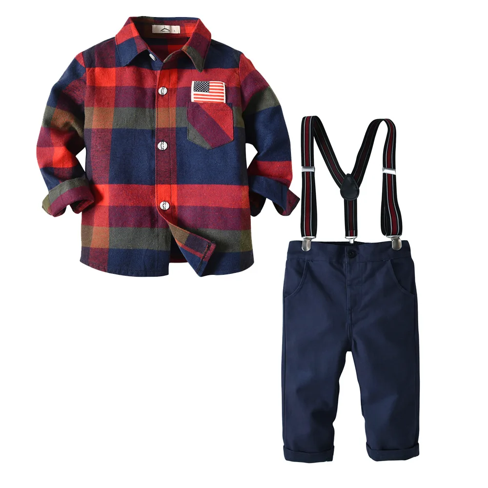 2Pieces Kids Boys Clothes Sets 2019 Spring Plaid Stripe Shirts+Suspender Jeans Pant Bow Tie Children Boy Outfits | Детская одежда и