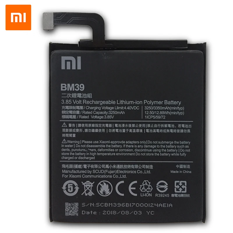 Оригинальный аккумулятор XiaoMi для Xiaomi Mi6 BM39 3250 мАч высокая емкость Сменные