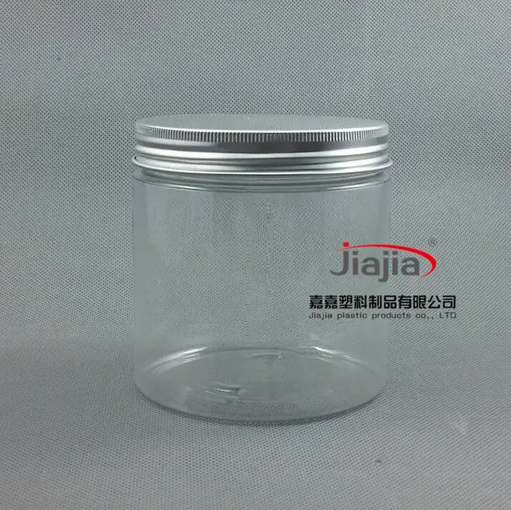 

Free shipping: 500ml clear PET Jar Big Size Plastic Container with silver aluminum cover,500g Cream Jar Food Storage Can