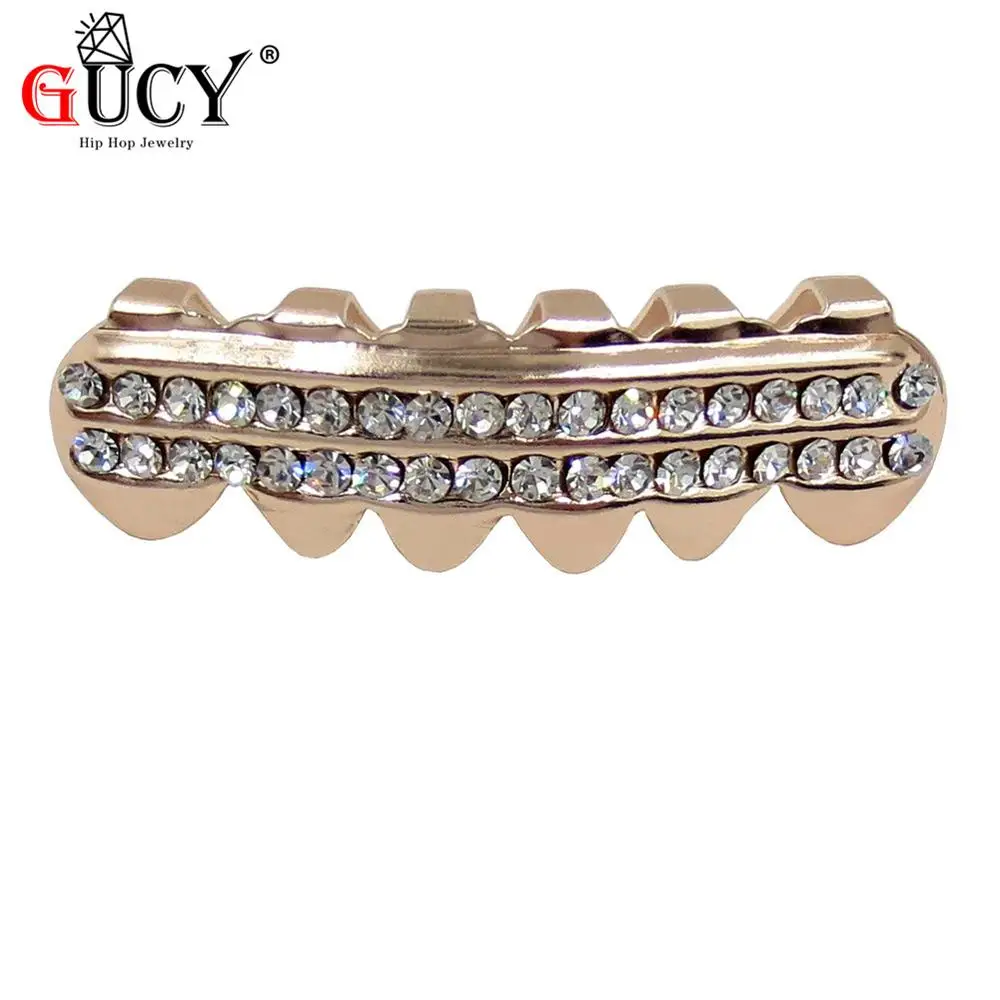 Rose Gold Bottom GUCY золото Цвет покрытием льдом CZ зубы GRILLZ шапки крест верхней и нижней зуб шапки хип-хоп Bling грили комплект Рождественский подарок - Окраска металла: Rose Gold Bottom